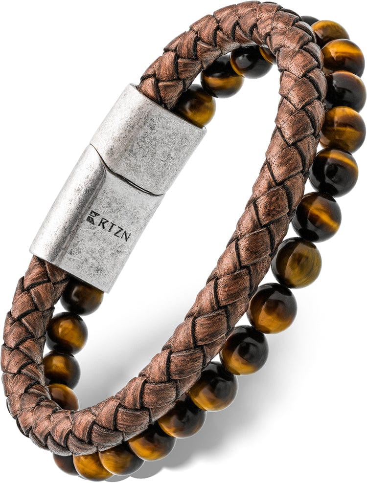 Brown Braided Leather & Tiger Eye Bead Bracelet