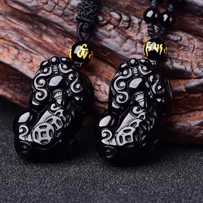 Women's & Men's Pure Black Obsidian Three Money Pi Pendant