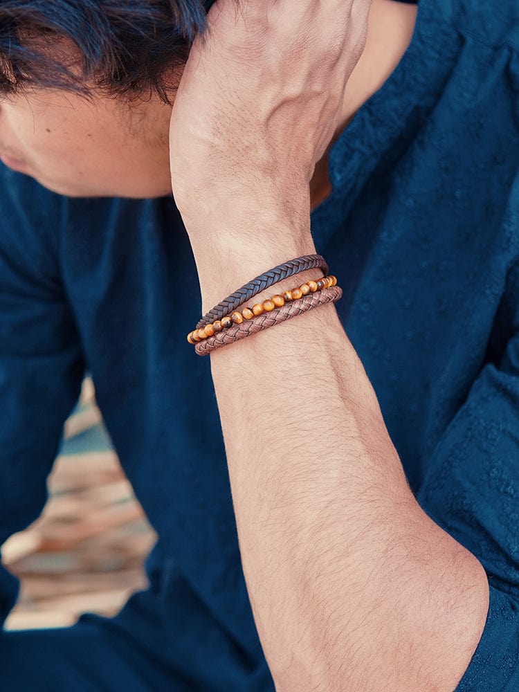 Stacked Brown Leather & Tiger Eye Bead Bracelet