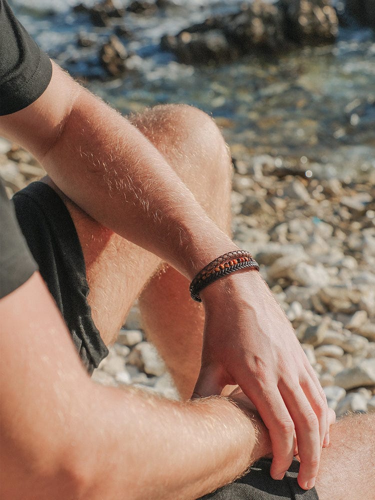 Stacked Brown Leather & Tiger Eye Bead Bracelet