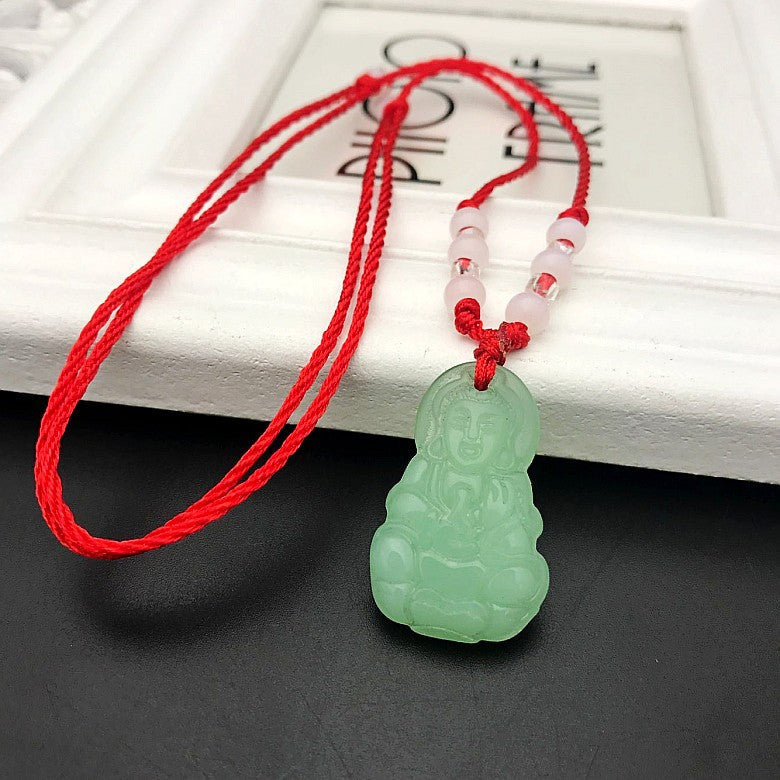 Women's & Men's Imitation White Jade Buddha Avalokitesvara Red Rope Couple Pendant