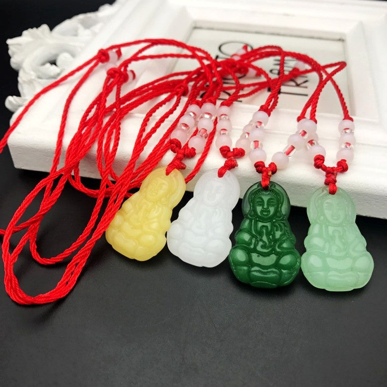 Women's & Men's Imitation White Jade Buddha Avalokitesvara Red Rope Couple Pendant