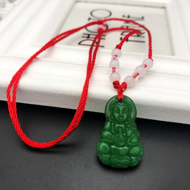 Women's & Men's Imitation White Jade Buddha Avalokitesvara Red Rope Couple Pendant