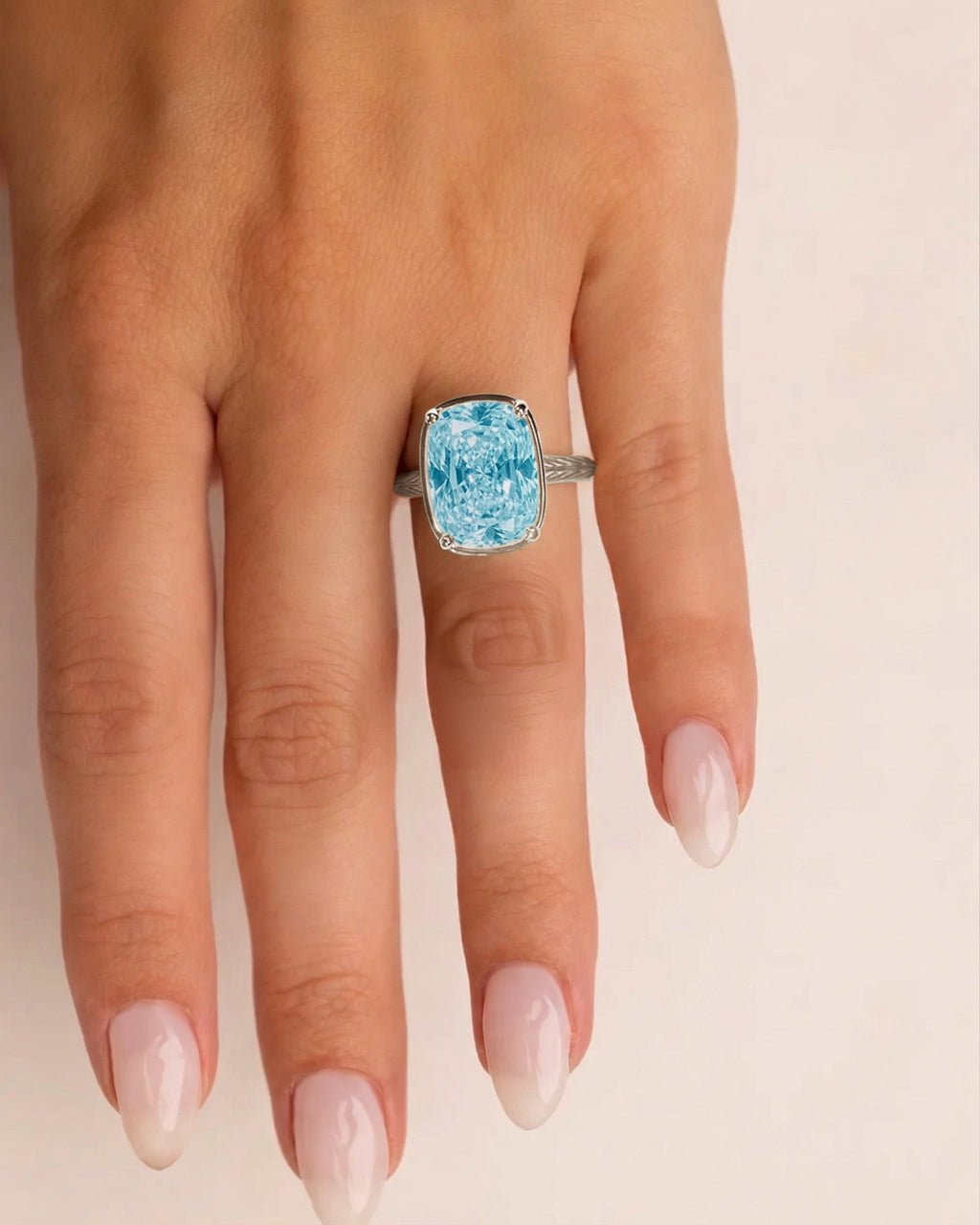 Sterling Silver Elongated Cushion Aquamarine CZ Cocktail Ring