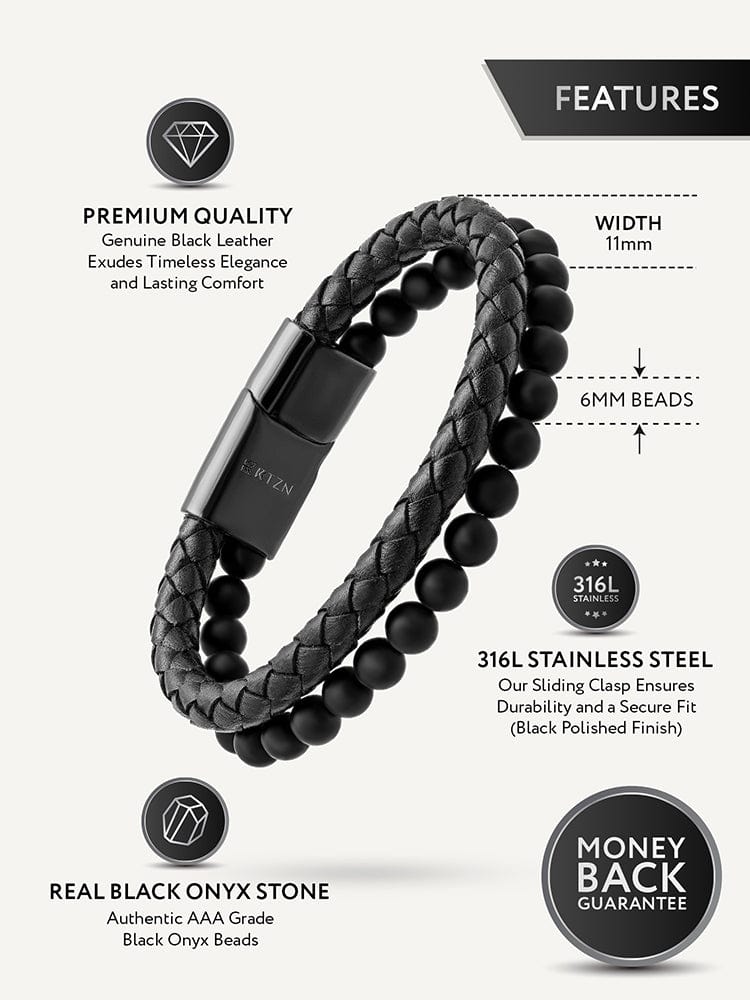 Black Braided Leather & Black Onyx Bead Bracelet