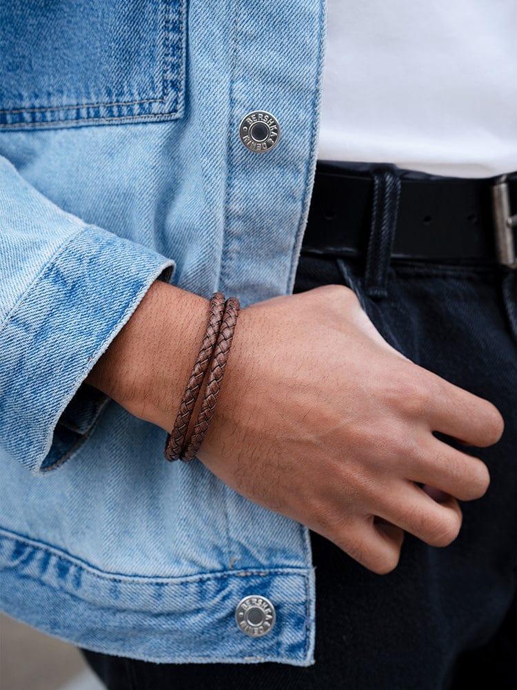 Double Brown Braided Leather Bracelet