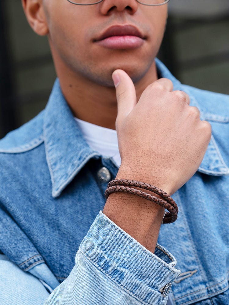 Double Brown Braided Leather Bracelet
