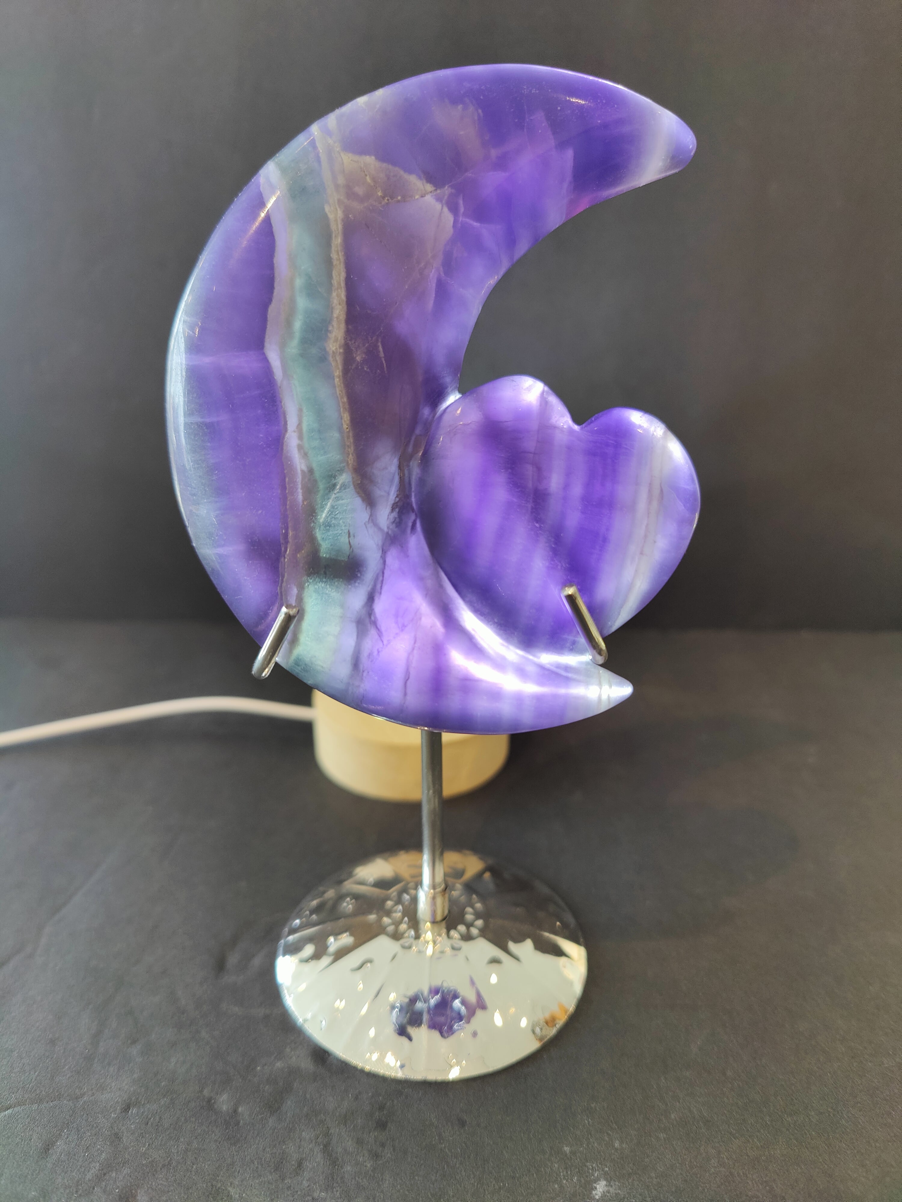 Purple Fluorite Half-Moon & Heart Sculpture on 5" Metal Stand