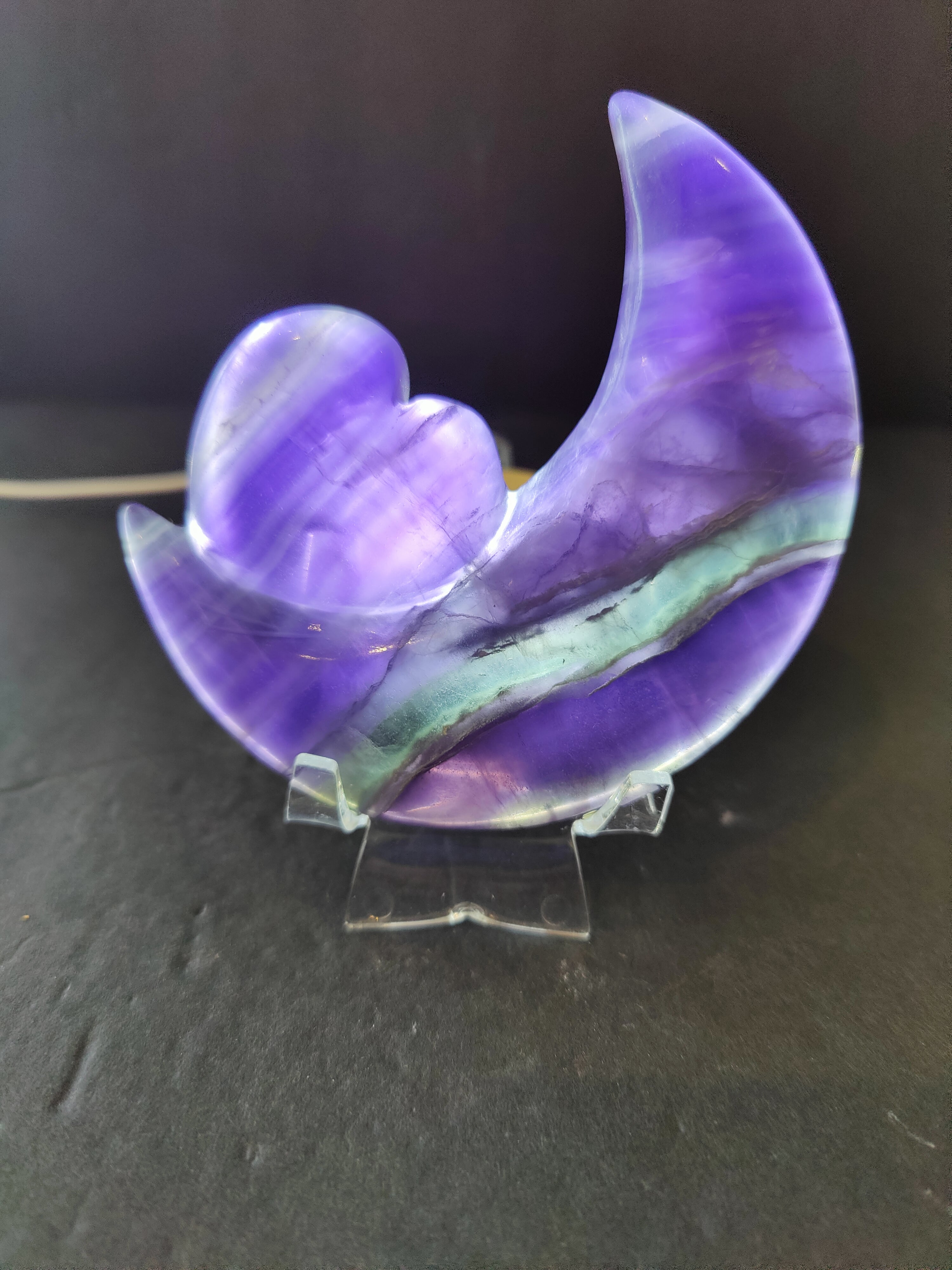 Purple Fluorite Half-Moon & Heart Sculpture on 5" Metal Stand