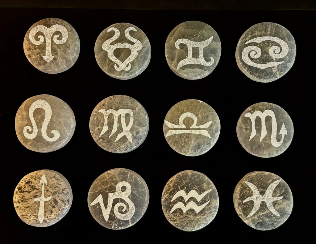 Zodiac Selenite Cleansing Coin – Crystal Cleansing & Astrology Energy Disc