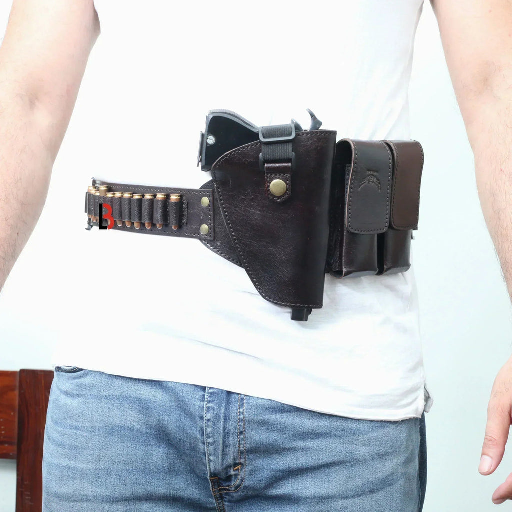 Cowhide Leather Waist Belt Concealed Holster Universal Fit, Double Mag | Right Hand