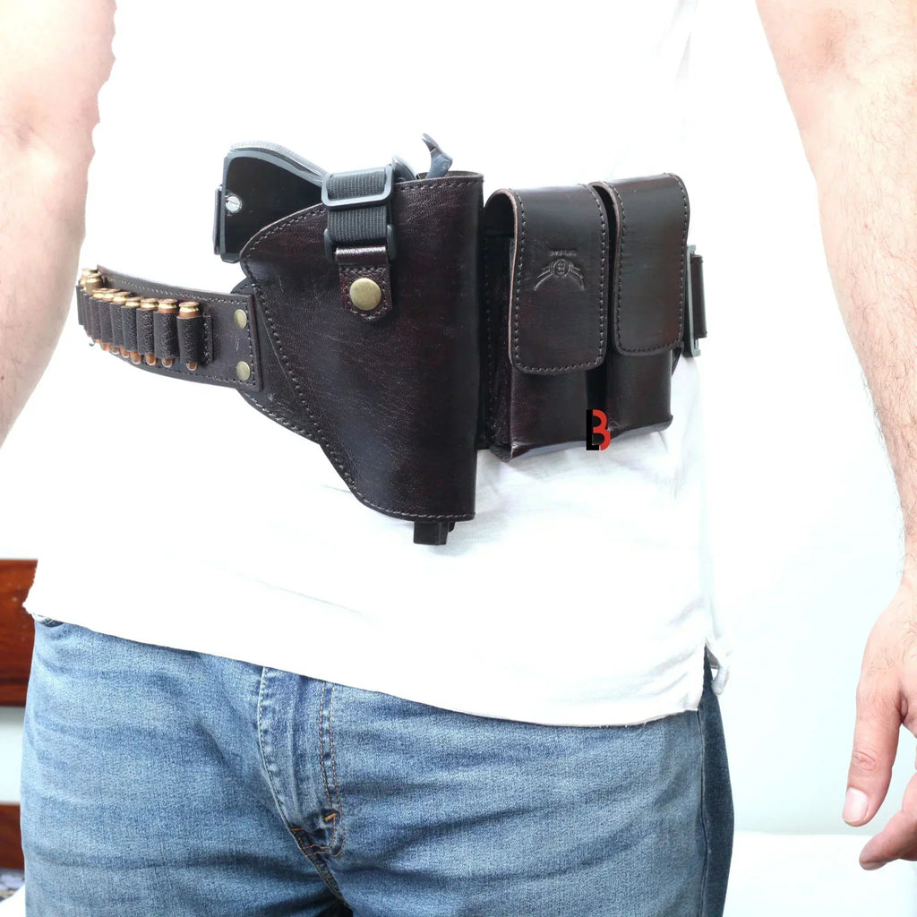 Cowhide Leather Waist Belt Concealed Holster Universal Fit, Double Mag | Right Hand