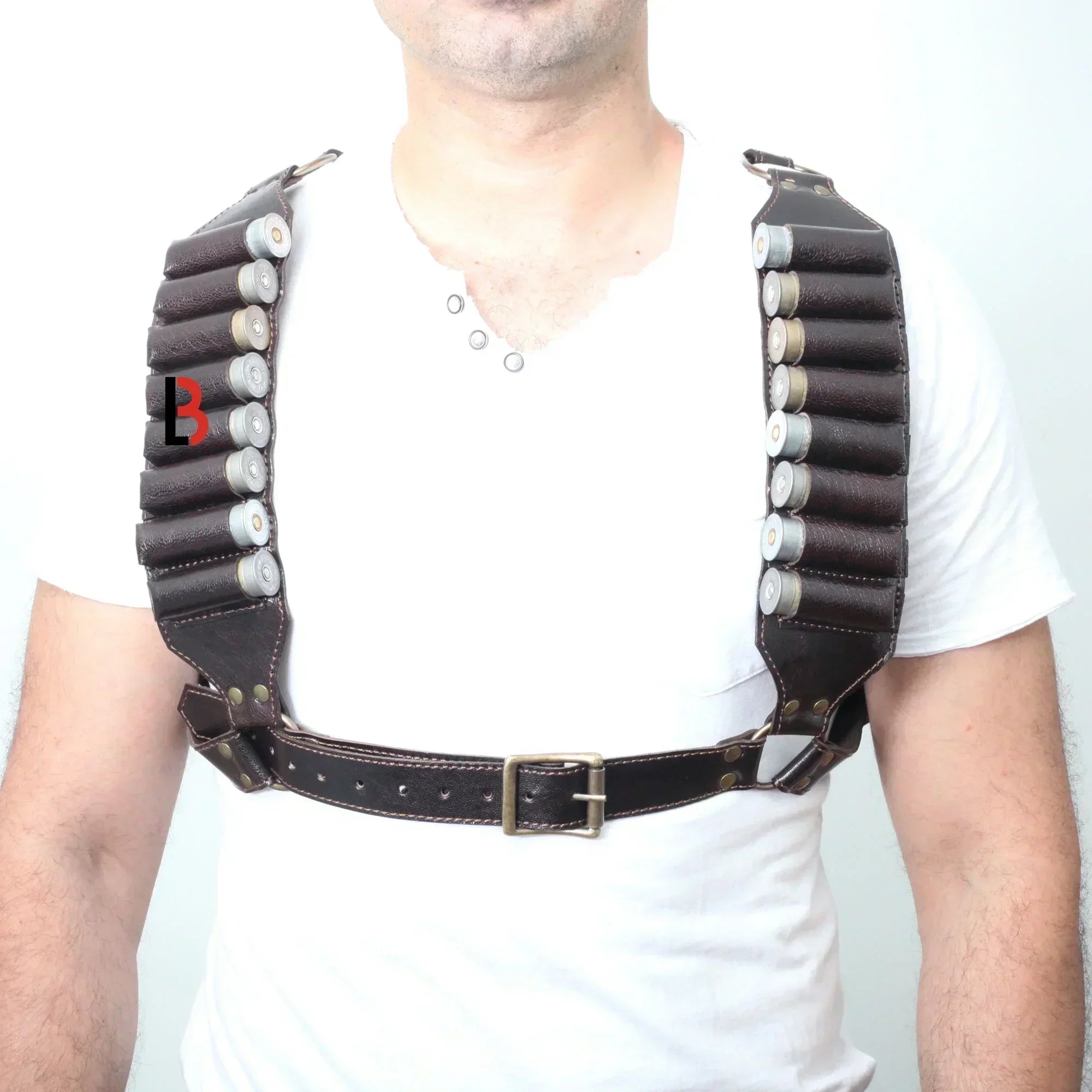 Cowhide Leather Shotshell Bandolier Belt & Shoulder Harness Hunting Ammo Pouch