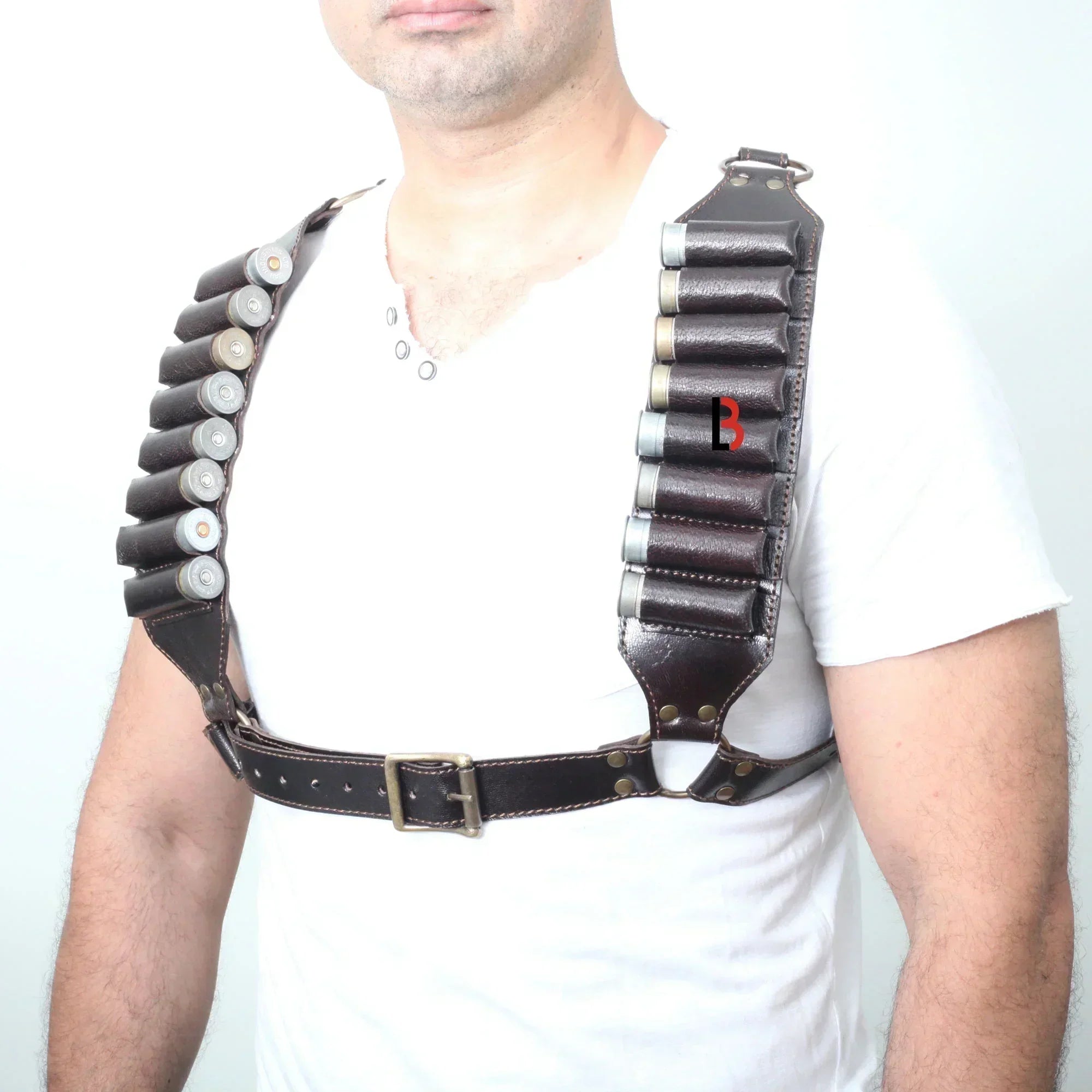 Cowhide Leather Shotshell Bandolier Belt & Shoulder Harness Hunting Ammo Pouch