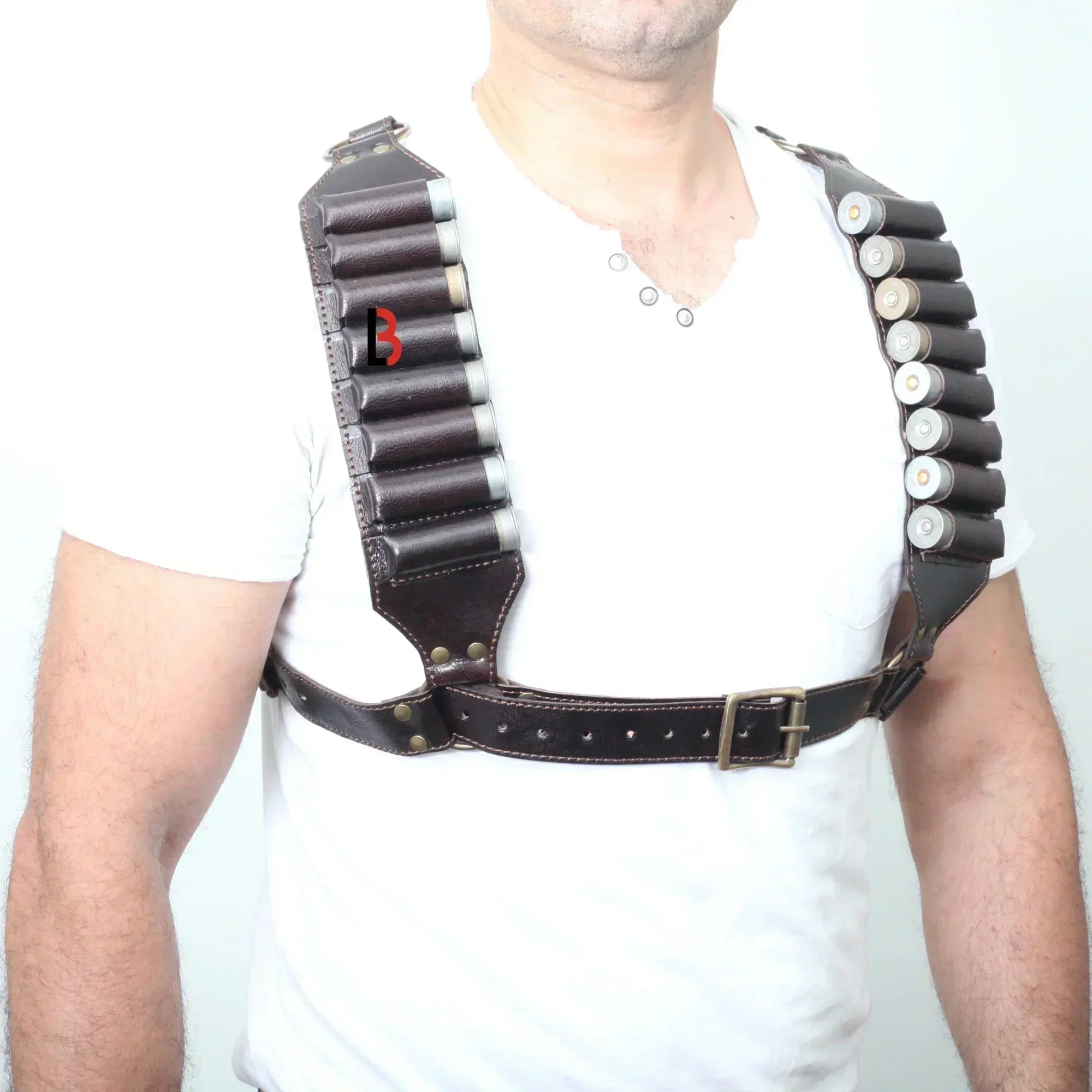 Cowhide Leather Shotshell Bandolier Belt & Shoulder Harness Hunting Ammo Pouch