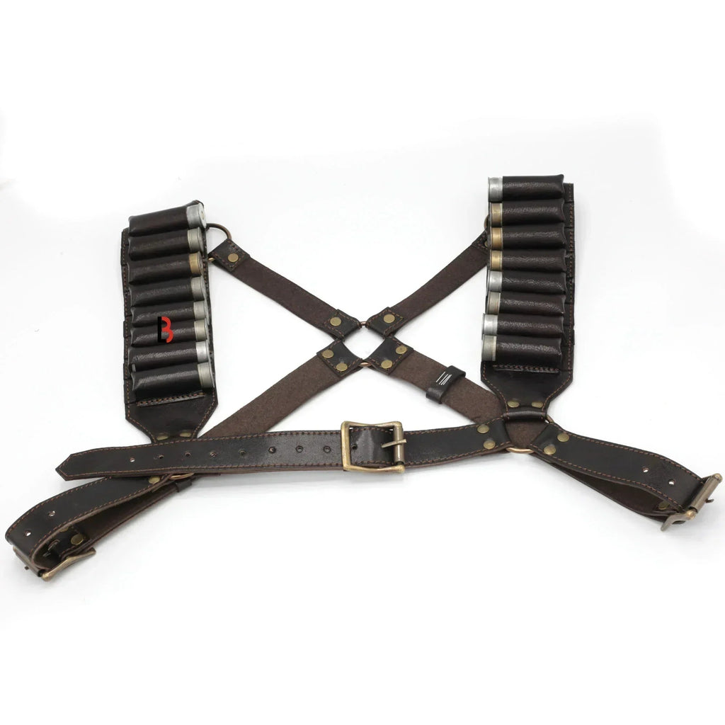 Cowhide Leather Shotshell Bandolier Belt & Shoulder Harness Hunting Ammo Pouch