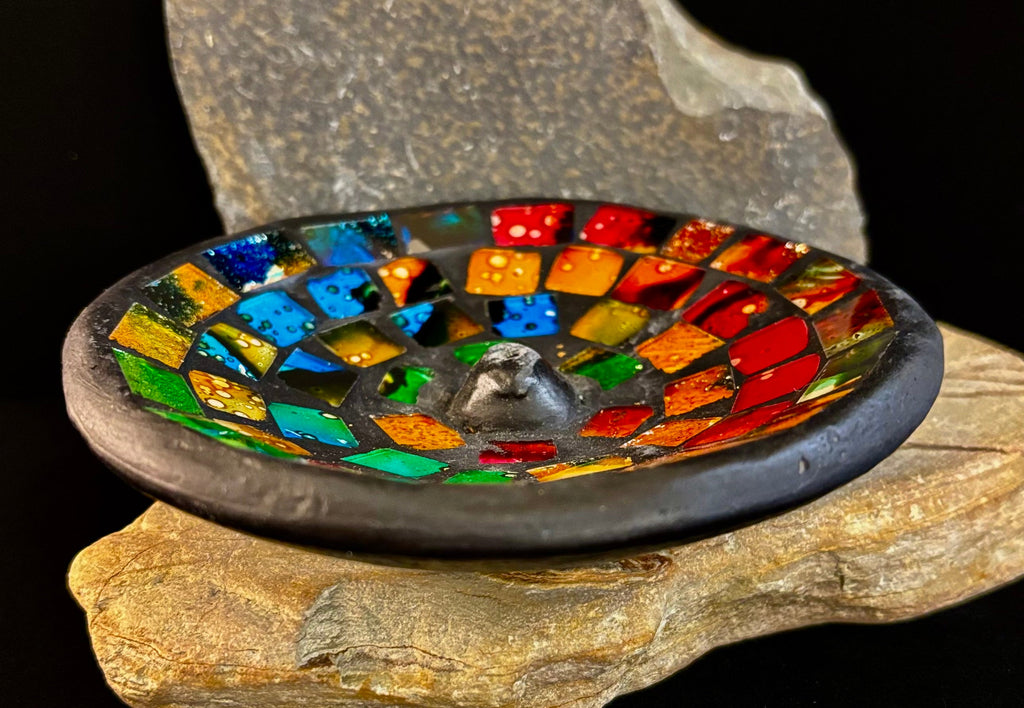 Handcrafted Mosaic Incense Burner | Rainbow Ash Catcher from Indonesia (4.75" Wide)