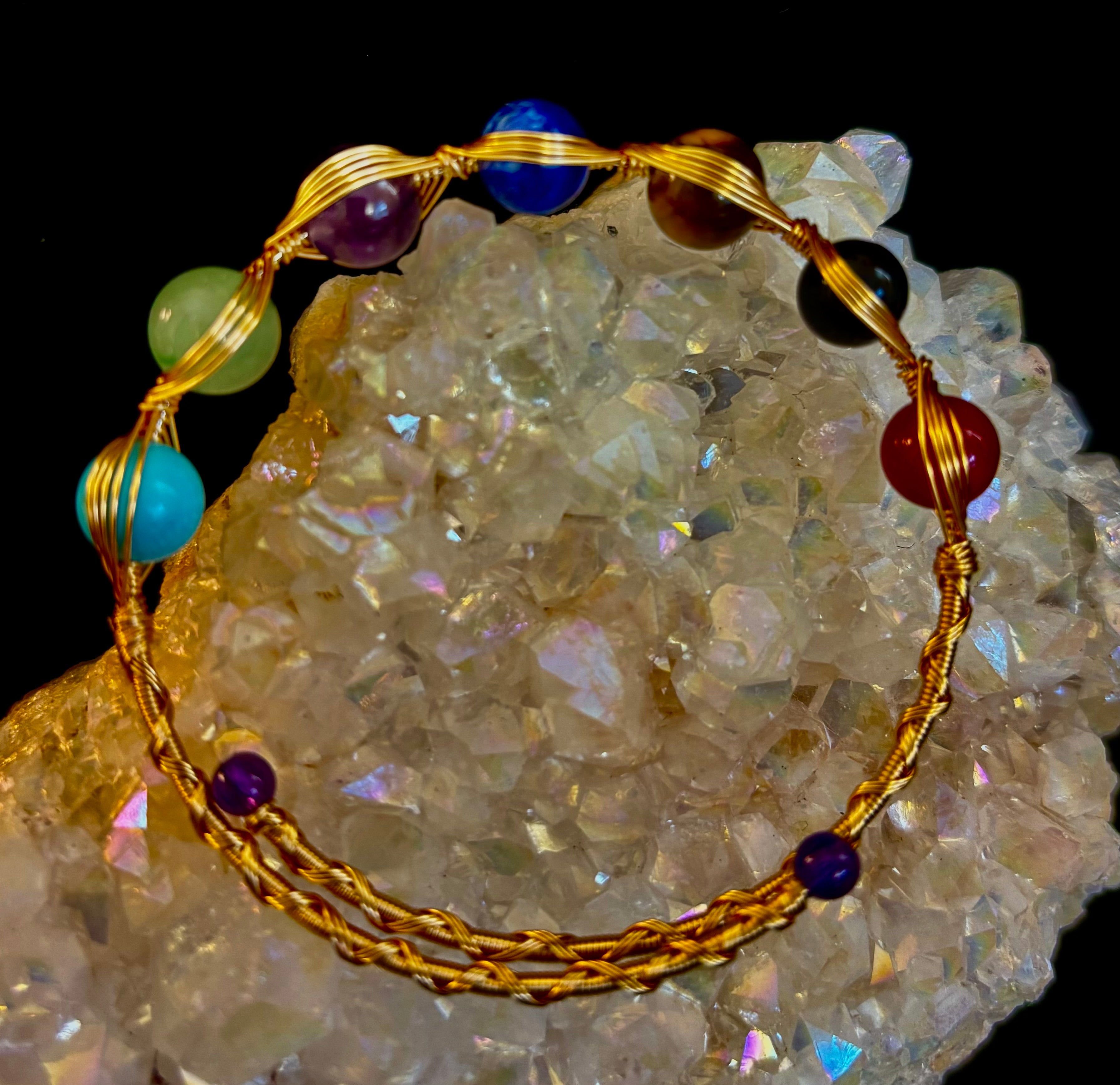 Golden Energy Flow Chakra Bracelet — Mixed Gemstone Wire Wrap