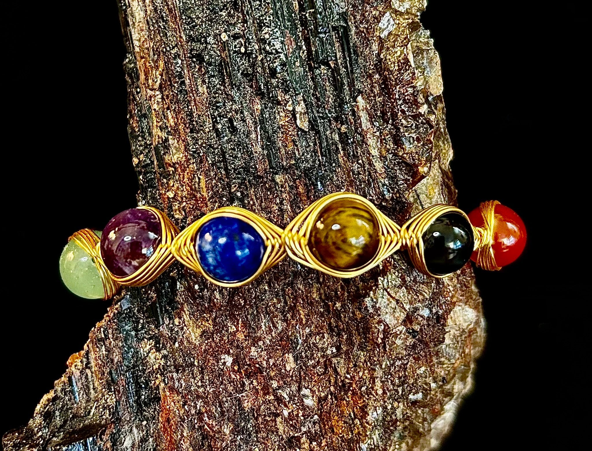 Golden Energy Flow Chakra Bracelet — Mixed Gemstone Wire Wrap