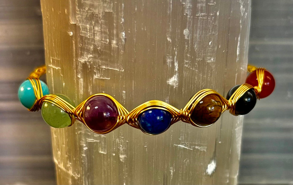 Golden Energy Flow Chakra Bracelet — Mixed Gemstone Wire Wrap