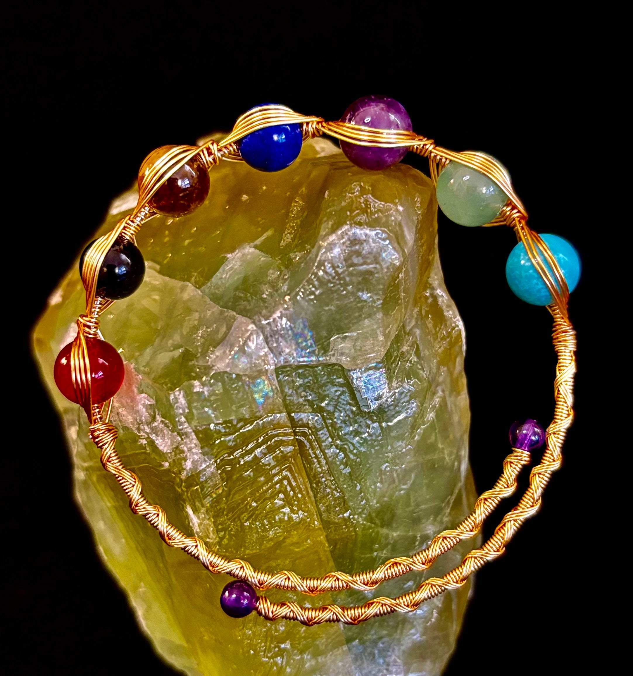 Golden Energy Flow Chakra Bracelet — Mixed Gemstone Wire Wrap