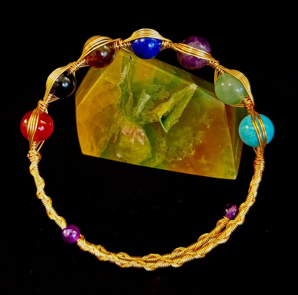 Golden Energy Flow Chakra Bracelet — Mixed Gemstone Wire Wrap