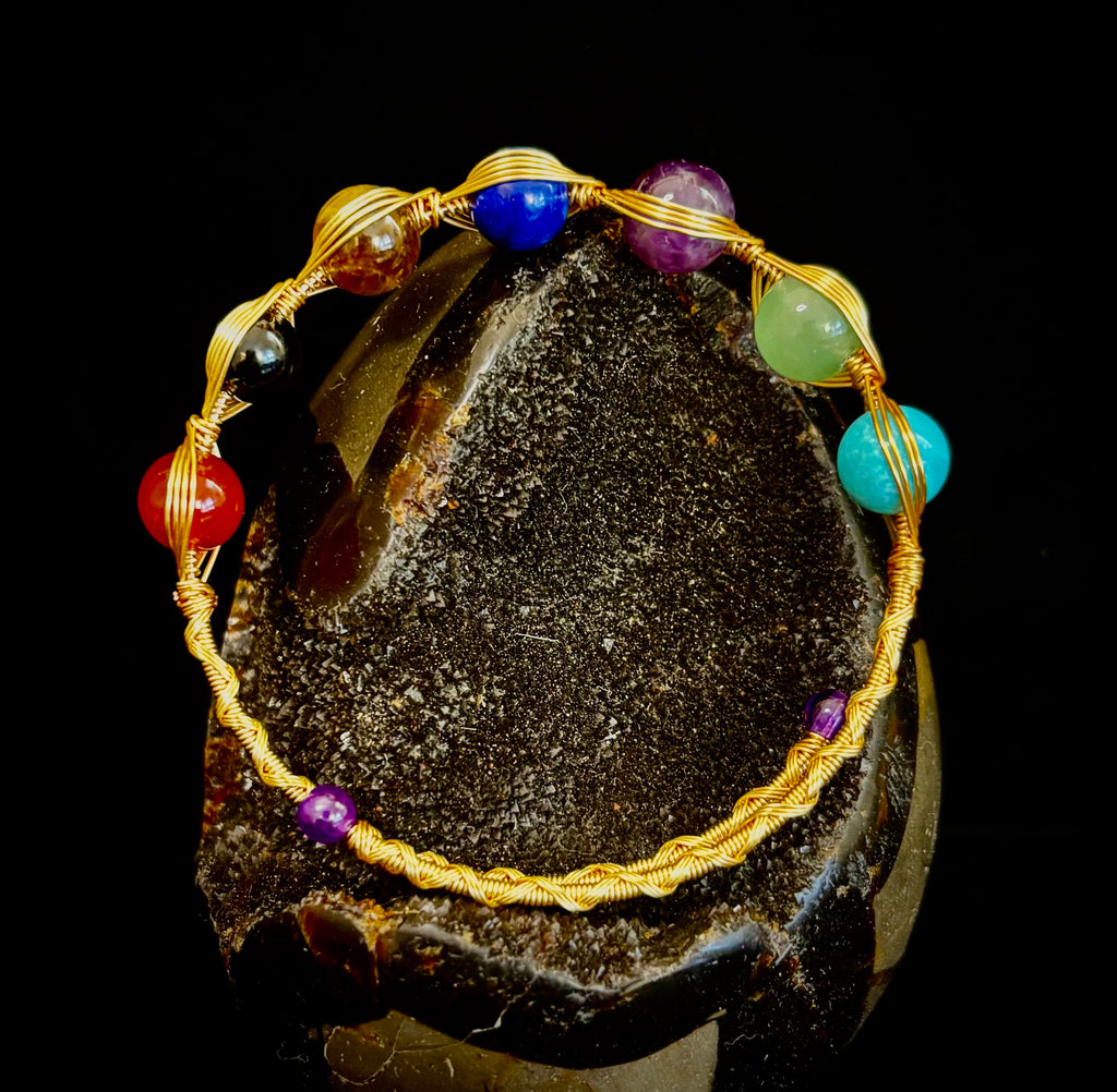 Golden Energy Flow Chakra Bracelet — Mixed Gemstone Wire Wrap