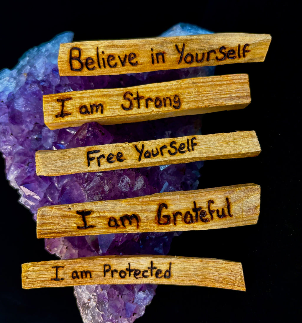 Hand-Engraved Palo Santo Smudge Sticks — Sustainable Peruvian Holy Wood with Positive Affirmations & Energy Cleansing