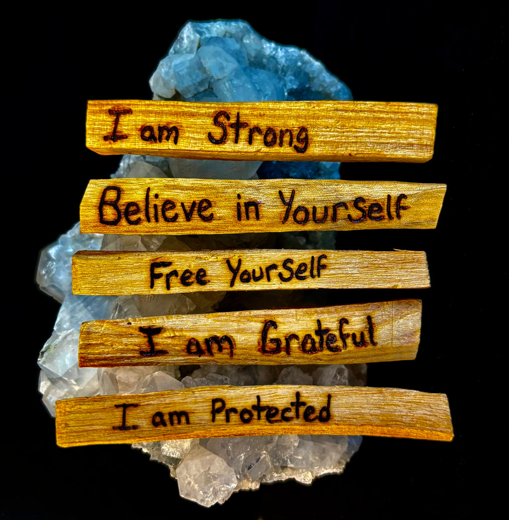 Hand-Engraved Palo Santo Smudge Sticks — Sustainable Peruvian Holy Wood with Positive Affirmations & Energy Cleansing