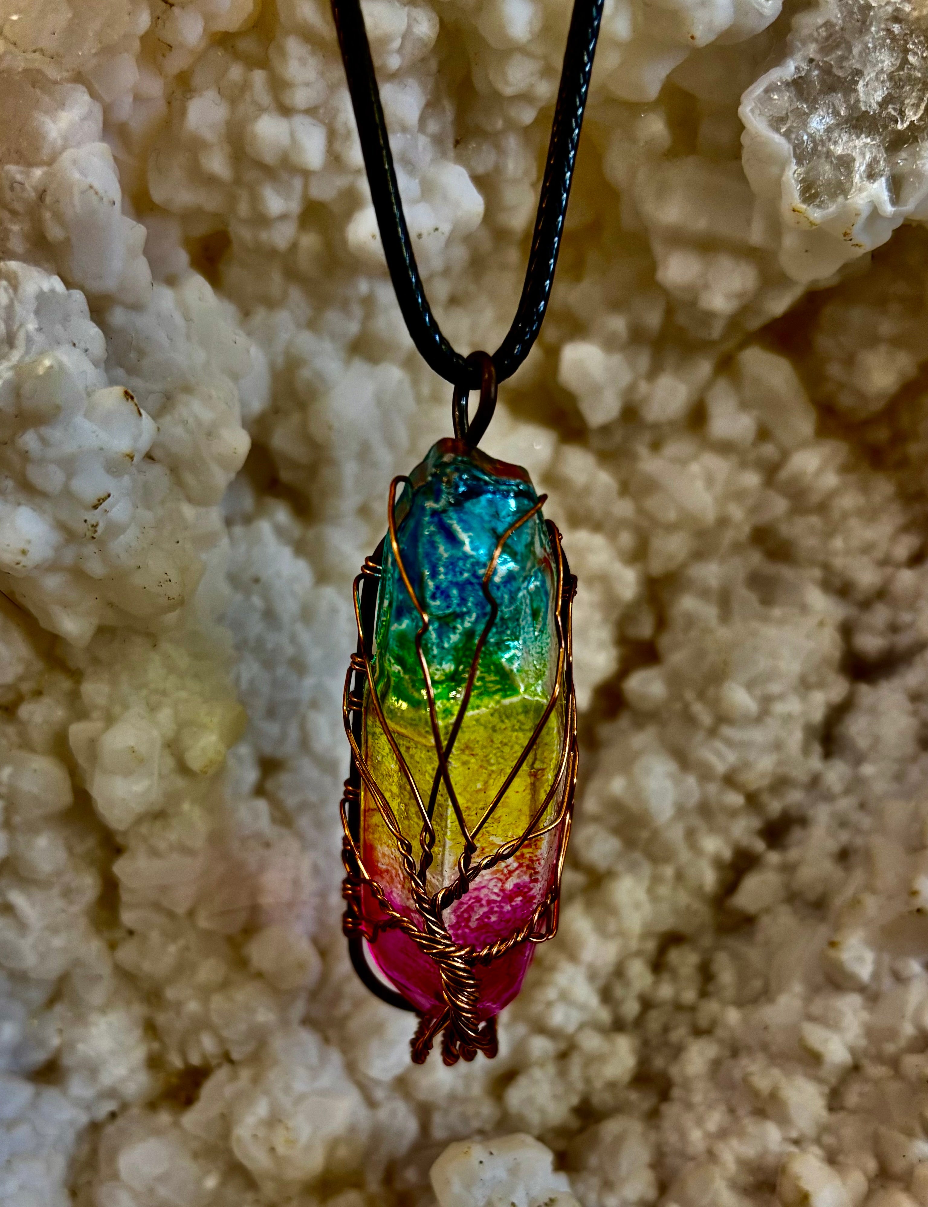 Rainbow Chakra Tree of Life Necklace – Glass Pendant | Leather Cord | Copper or Silver Wire Wrap