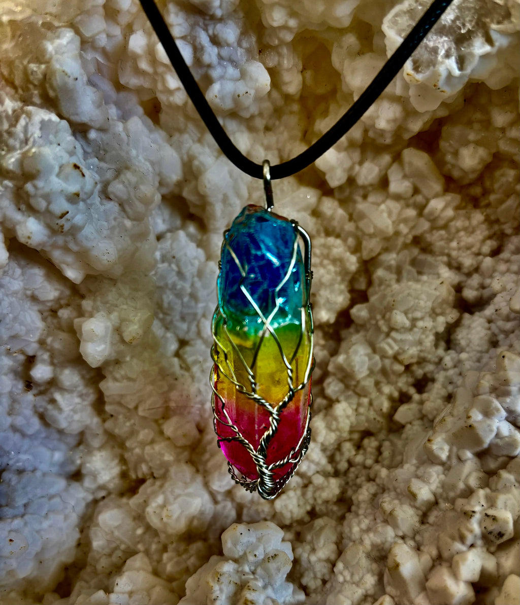 Rainbow Chakra Tree of Life Necklace – Glass Pendant | Leather Cord | Copper or Silver Wire Wrap