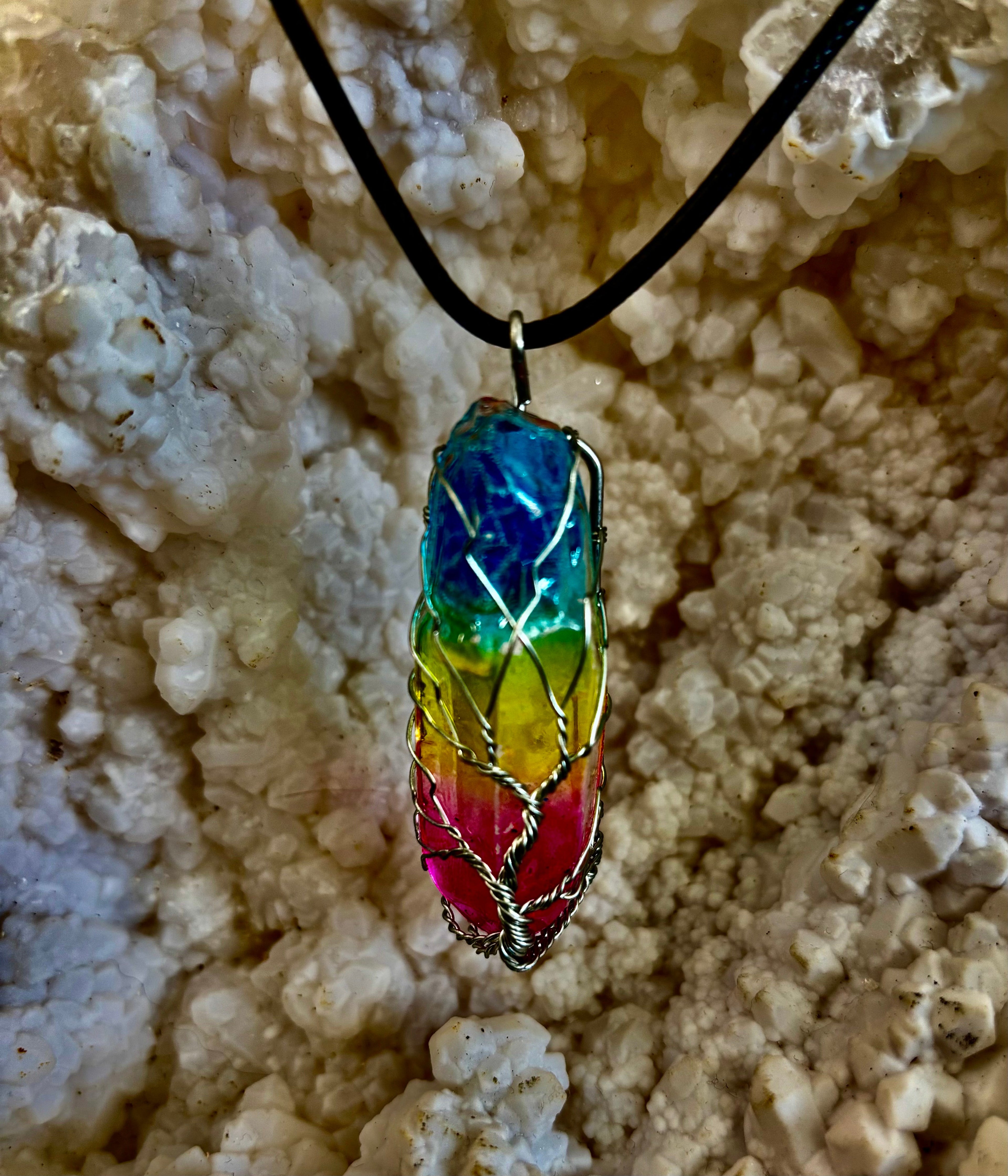 Rainbow Chakra Tree of Life Necklace – Glass Pendant | Leather Cord | Copper or Silver Wire Wrap
