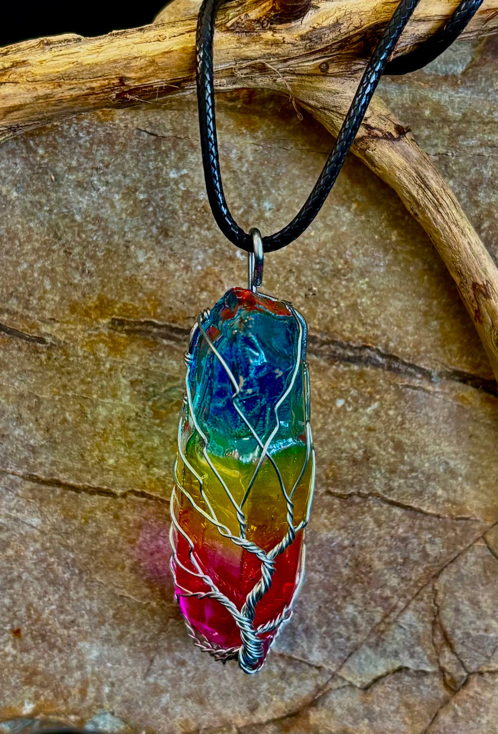 Rainbow Chakra Tree of Life Necklace – Glass Pendant | Leather Cord | Copper or Silver Wire Wrap