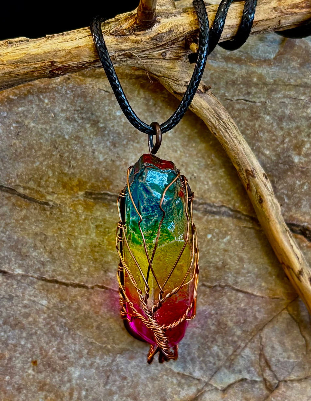 Rainbow Chakra Tree of Life Necklace – Glass Pendant | Leather Cord | Copper or Silver Wire Wrap