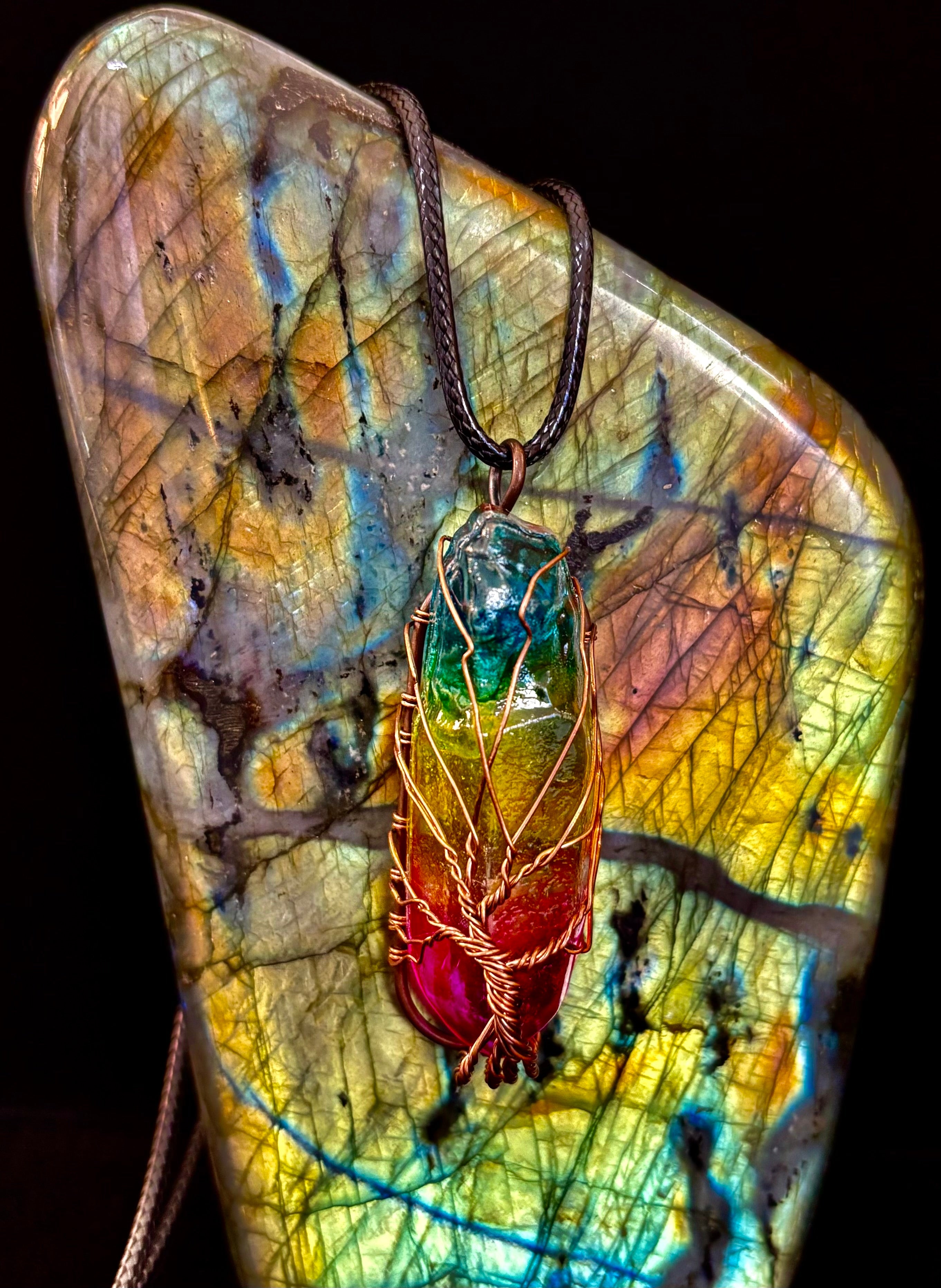 Rainbow Chakra Tree of Life Necklace – Glass Pendant | Leather Cord | Copper or Silver Wire Wrap