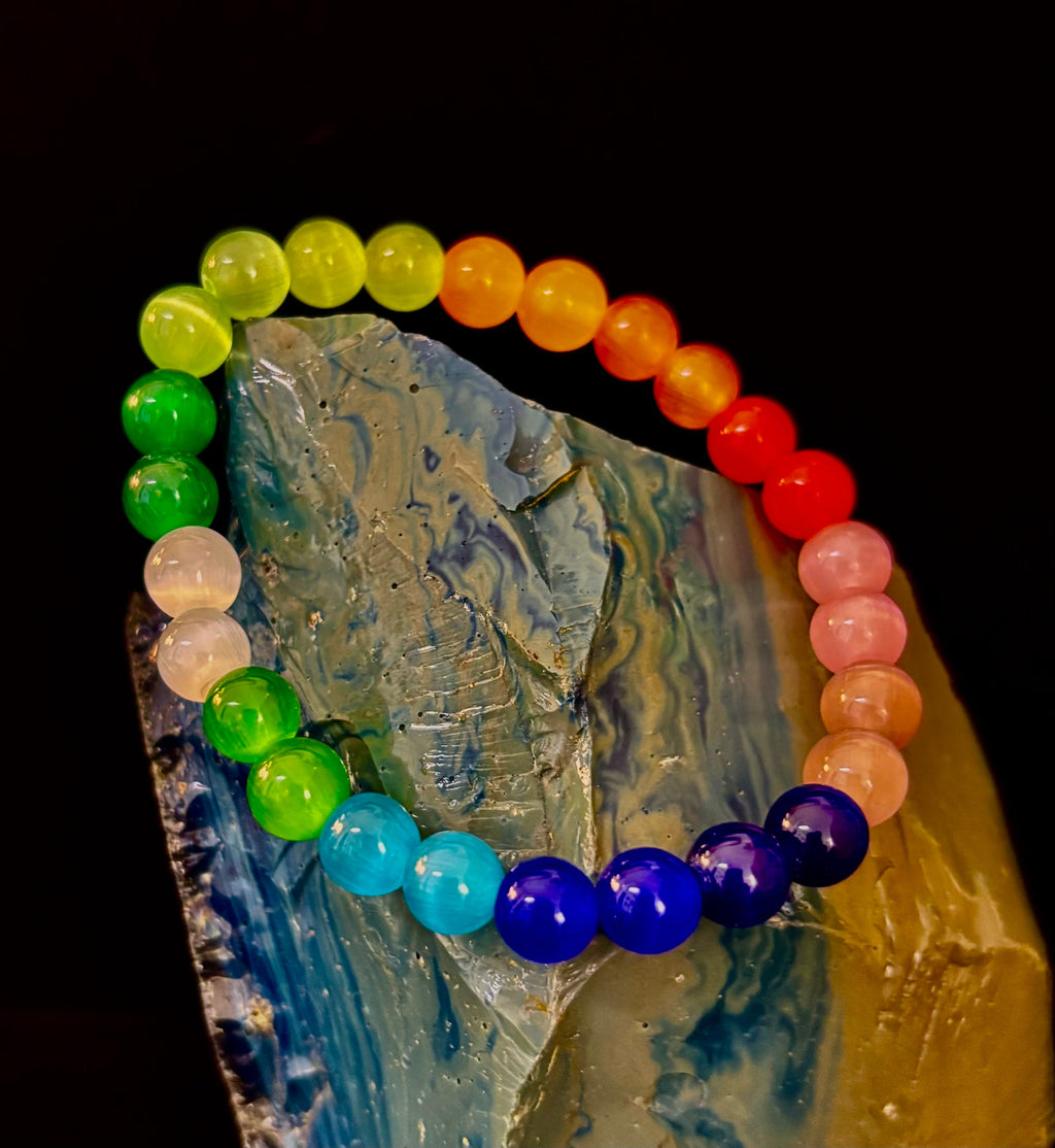 Rainbow Cat’s Eye Beaded Bracelet – Chakra Inspired Multicolor Bracelet | Pride Energy Jewelry