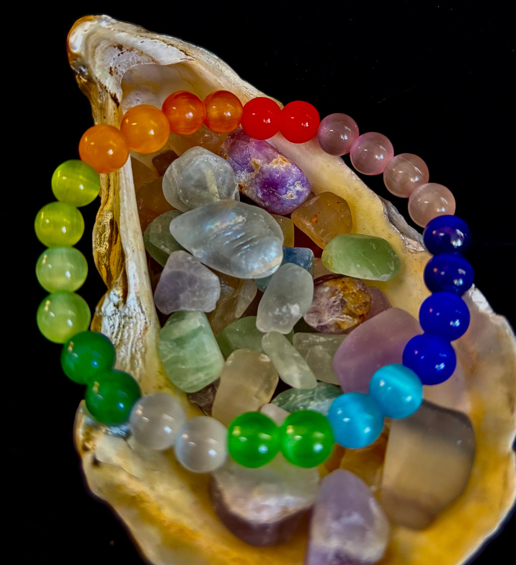 Rainbow Cat’s Eye Beaded Bracelet – Chakra Inspired Multicolor Bracelet | Pride Energy Jewelry