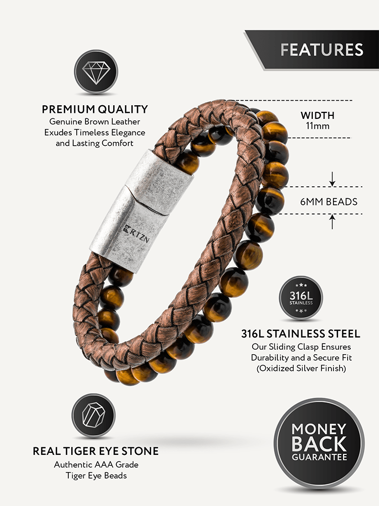 Brown Braided Leather & Tiger Eye Bead Bracelet