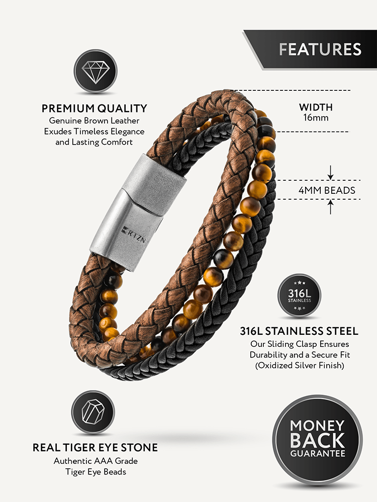 Stacked Brown Leather & Tiger Eye Bead Bracelet