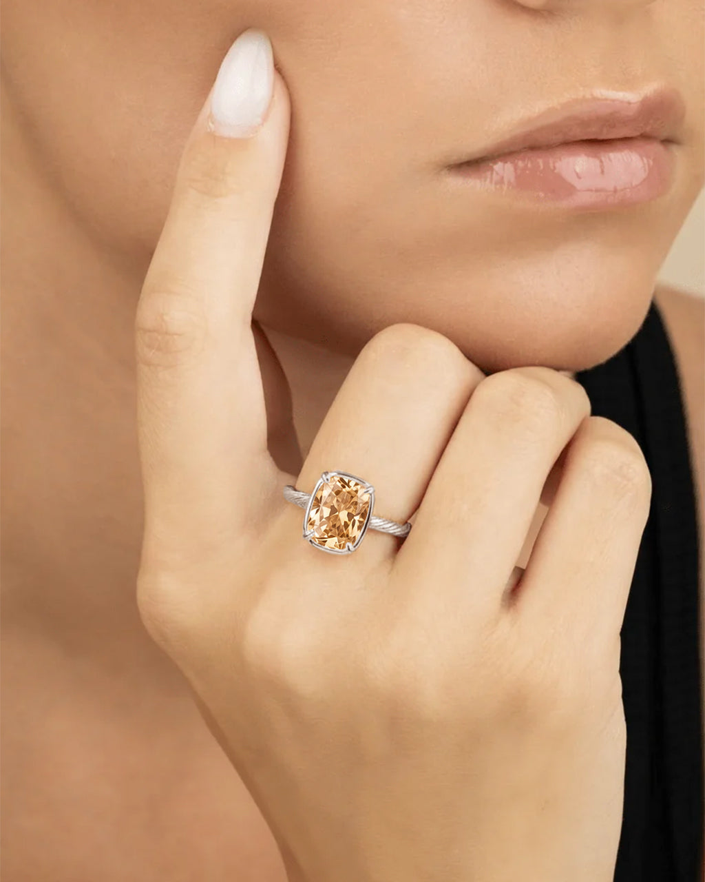 Sterling Silver Mini Champagne Elongated Cushion Ring