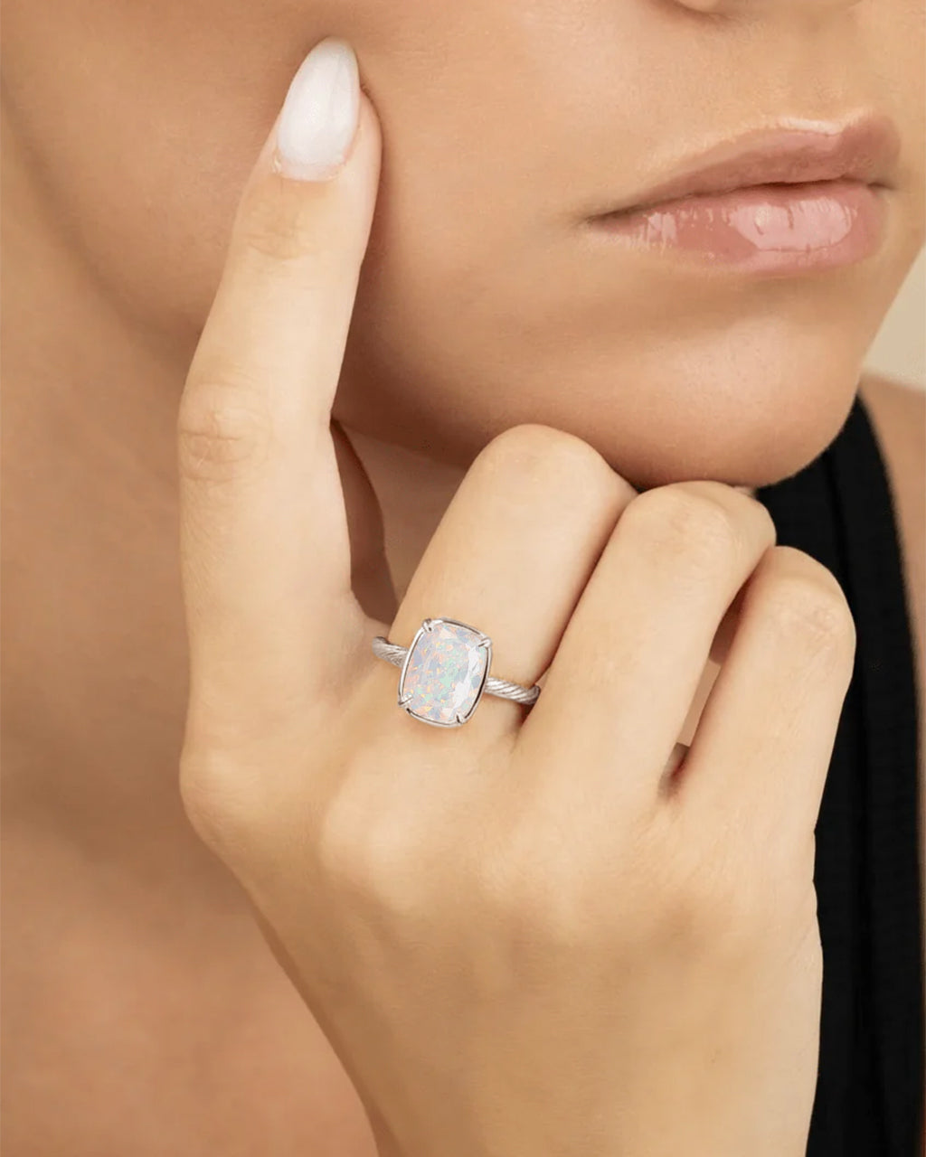 Sterling Silver Mini Opal Elongated Cushion Ring