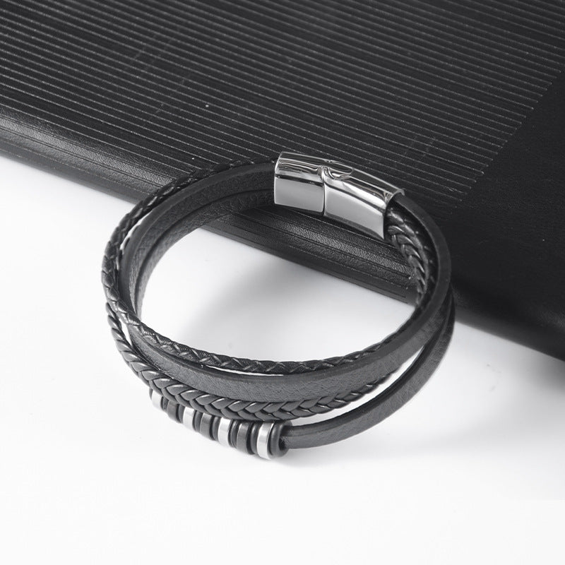 Men's Handmade Woven Leather Stainless Steel String Bracelet