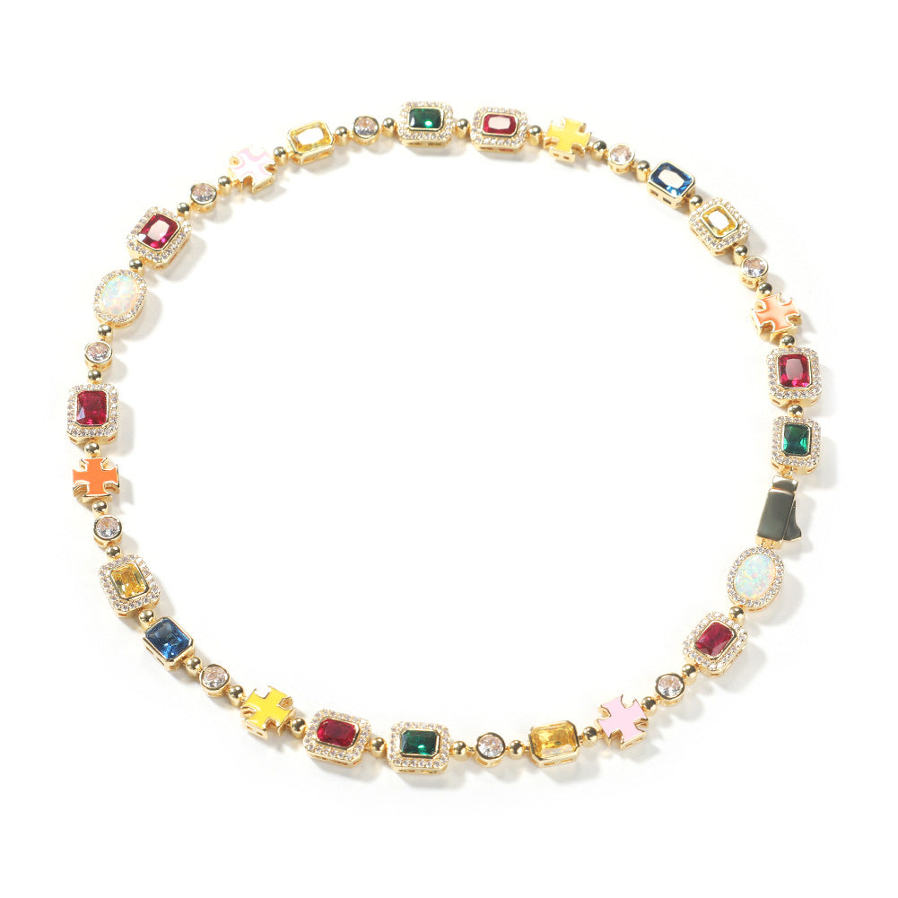 Hip-hop diamond multi-colored gemstone necklace