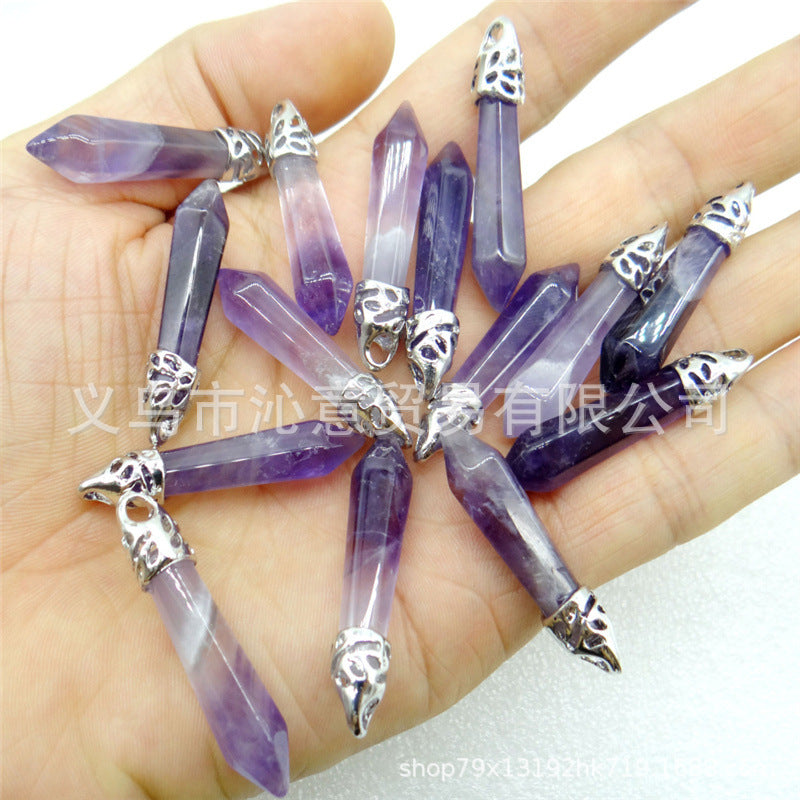 Stone Amethyst Agate Hexagon Prism Bullet Spirit Pendant
