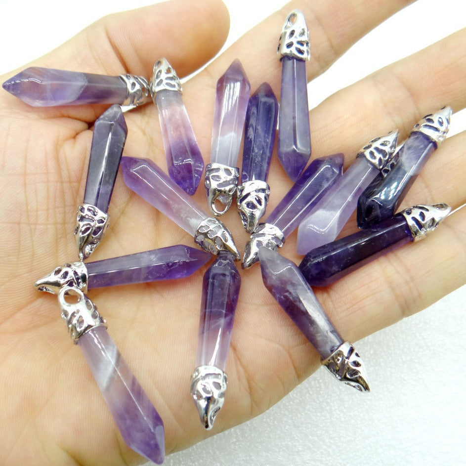 Stone Amethyst Agate Hexagon Prism Bullet Spirit Pendant