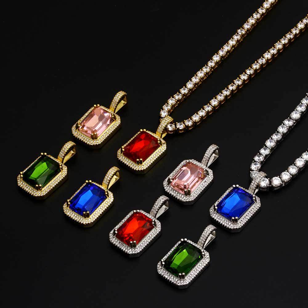 Men's Hip Hop Solid Square Colored Gemstone Fashion Personality Micro Inlaid Pendant