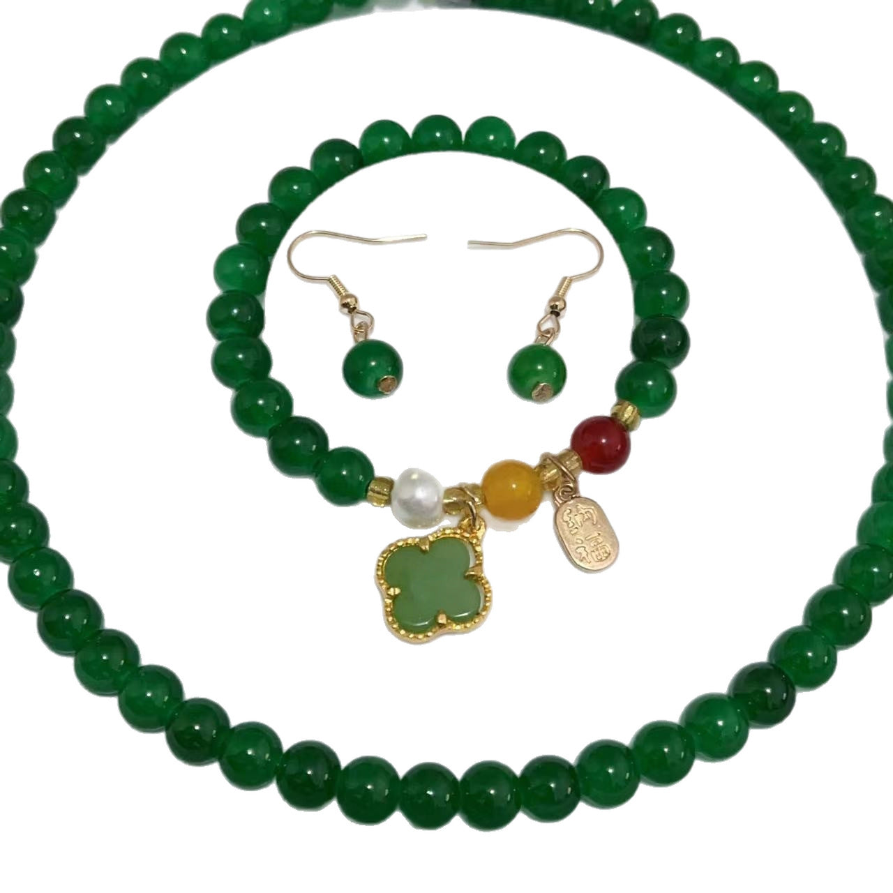 Style Imitation Green Chalcedony Three-piece Mom Chain Temperament Rings