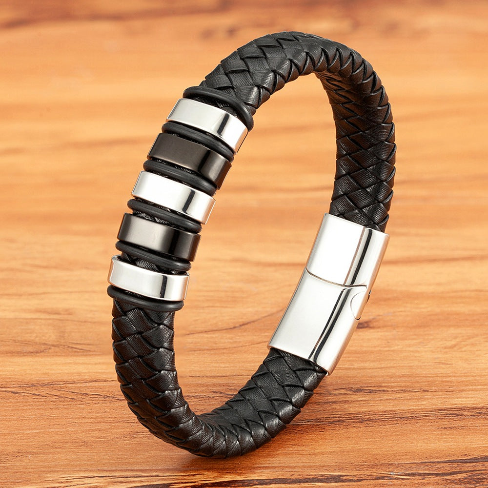 Men's Combination Small Mosaic Stainless Steel Leather Bracelet