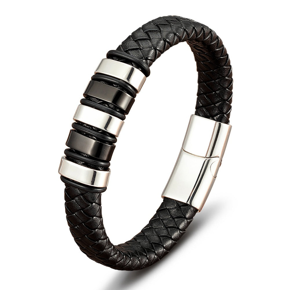 Men's Combination Small Mosaic Stainless Steel Leather Bracelet