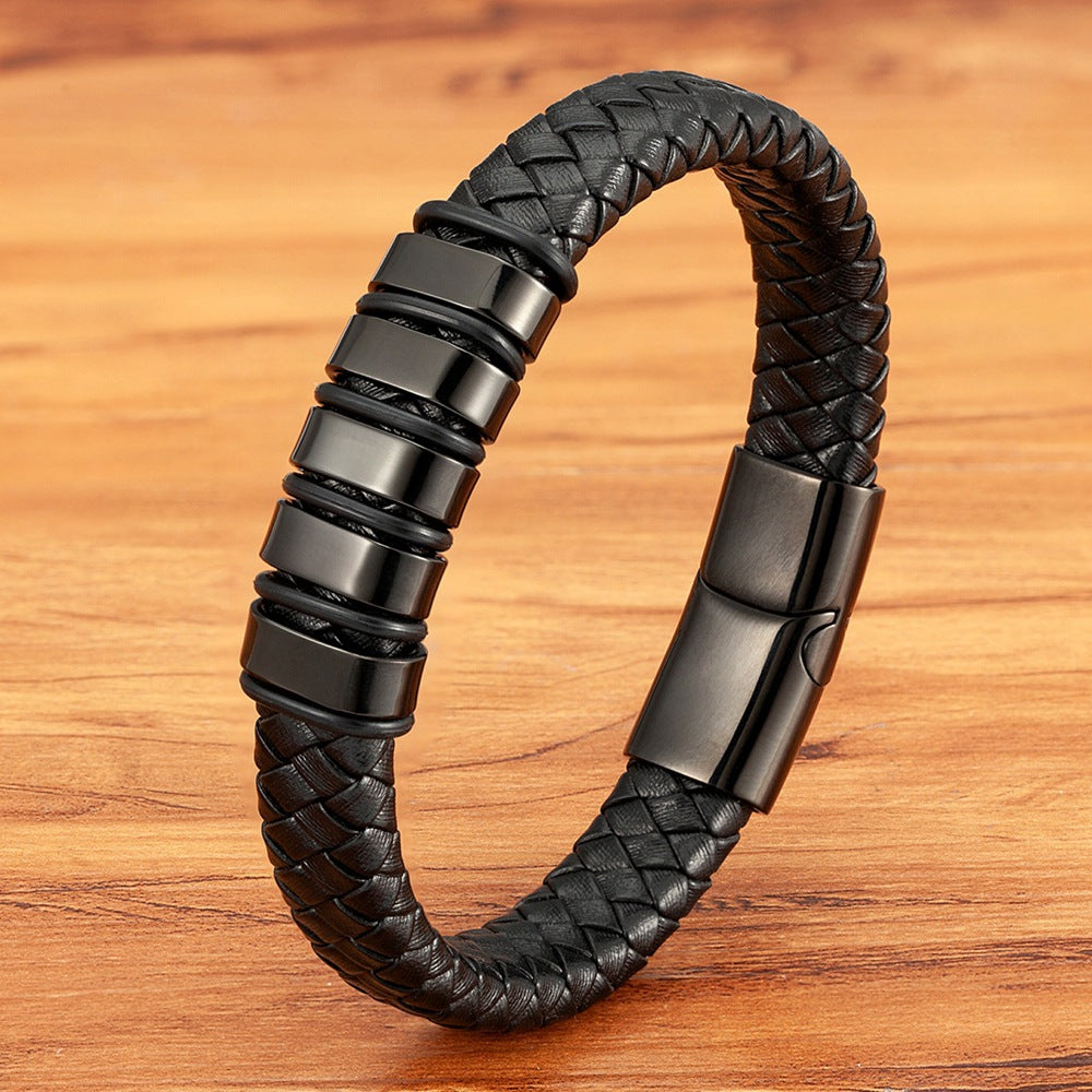 Men's Combination Small Mosaic Stainless Steel Leather Bracelet